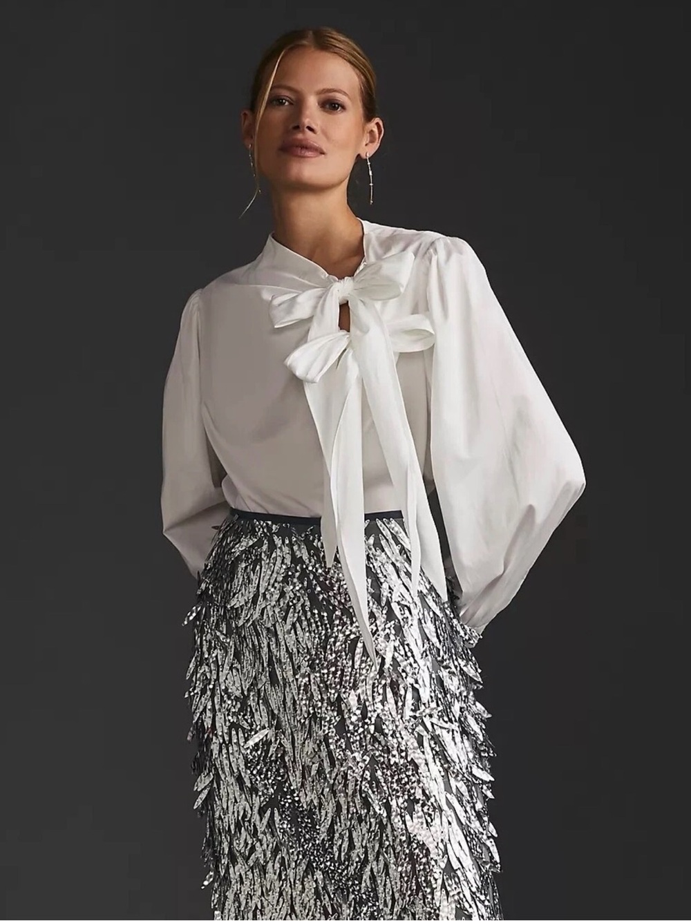 Maeve Anthropologie White Bow-Tie Blouse Large